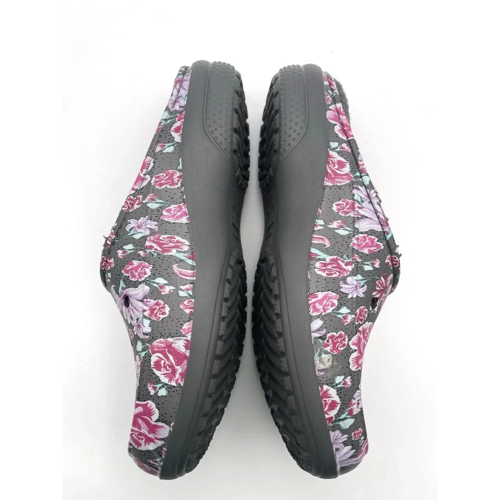 Crocs Womens Floral Design Slides Shoes Size 8 Gray Slip On Comfort